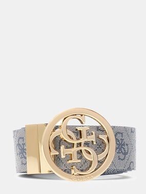 GUESS Gray Logo Belt with Gold Interlocking G Buckle